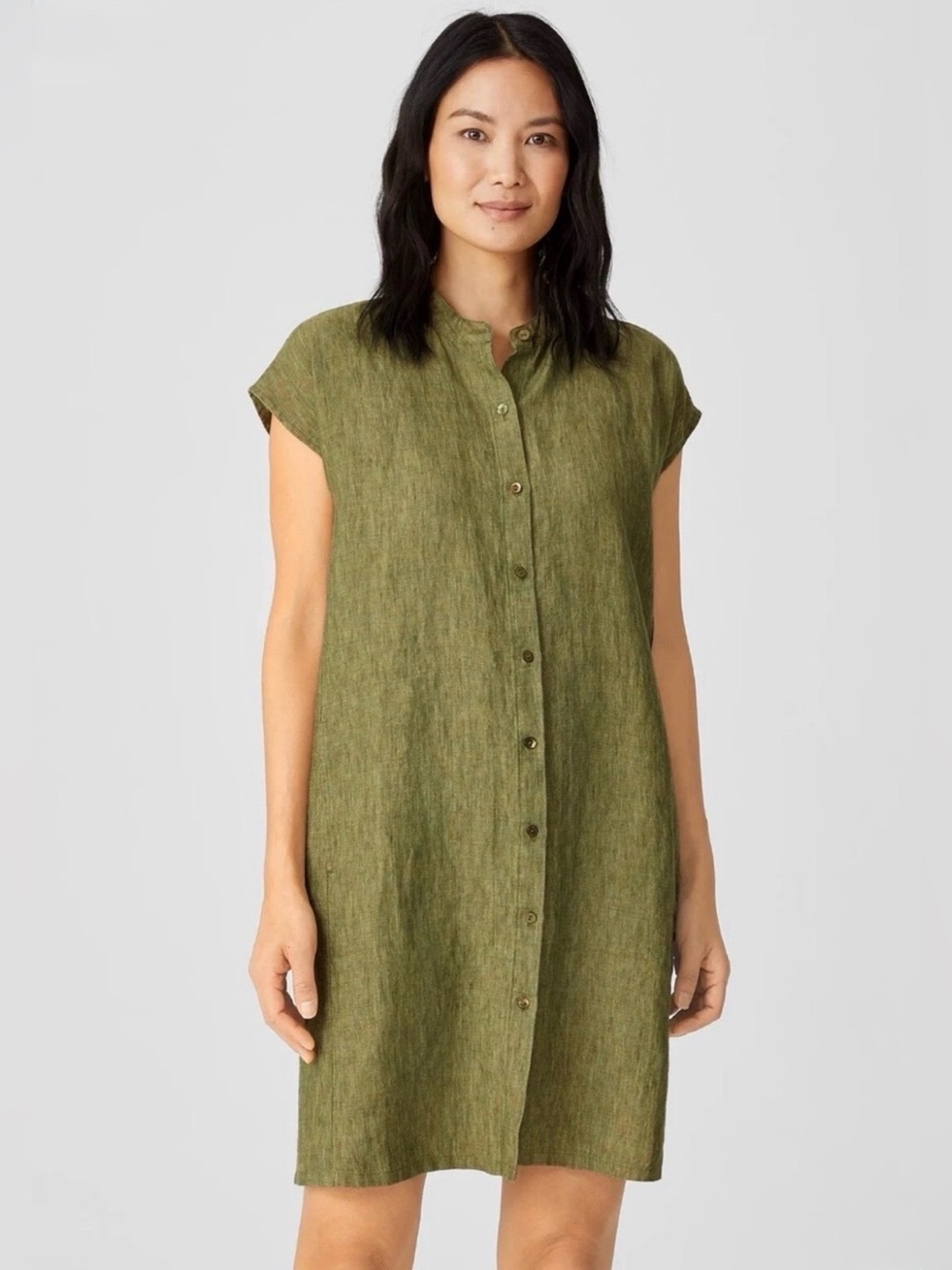 Eileen Fisher 3X Organic Linen Delave Cap-Sleeve Shirt Dress